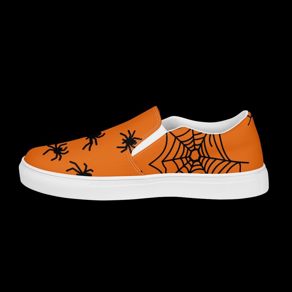 women's slip-on spider canvas shoes orange & black Halloween  fall spiderweb - Picture 13 of 14
